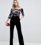 Little Mistress Tall Off Shoulder Printed Velvet Jumpsuit In Black Multi