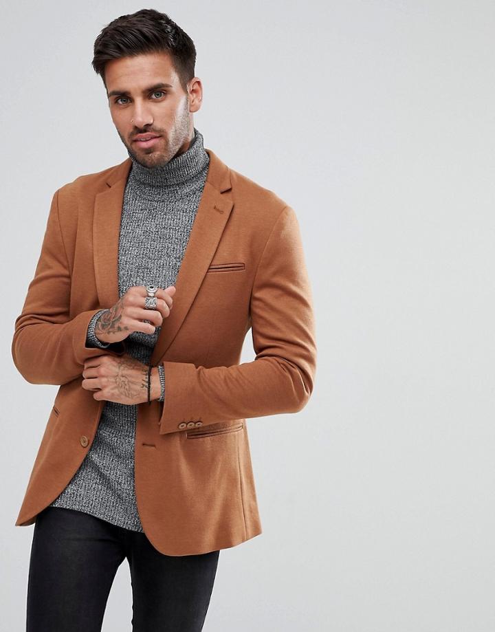 Asos Super Skinny Blazer In Tan Jersey - Tan