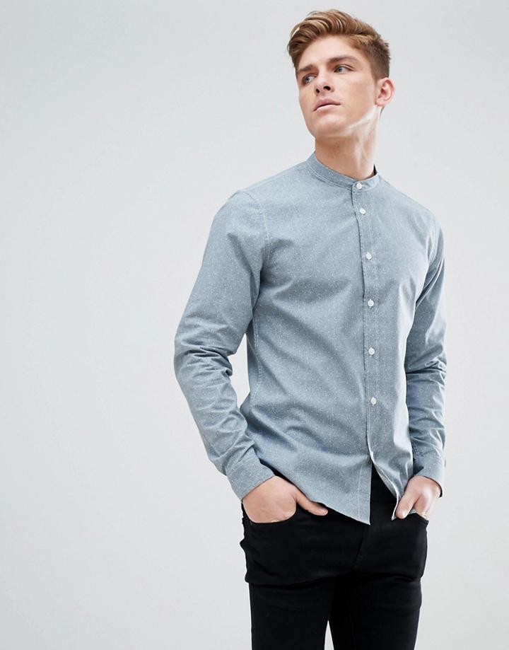 Solid Grandad Collar Shirt With Dot Print - Blue