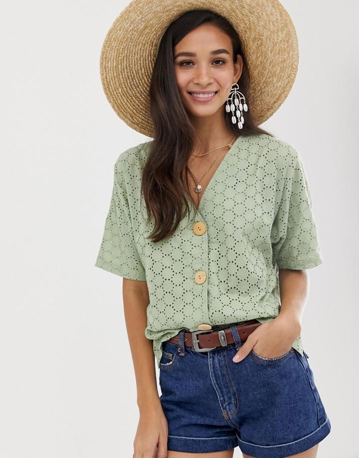 Asos Design Button Through Top In Broderie-green