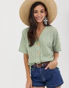 Asos Design Button Through Top In Broderie-green