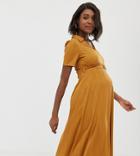 Asos Design Maternity Rib Midi Shirt Dress With Faux Tortoiseshell Buckle - Yellow