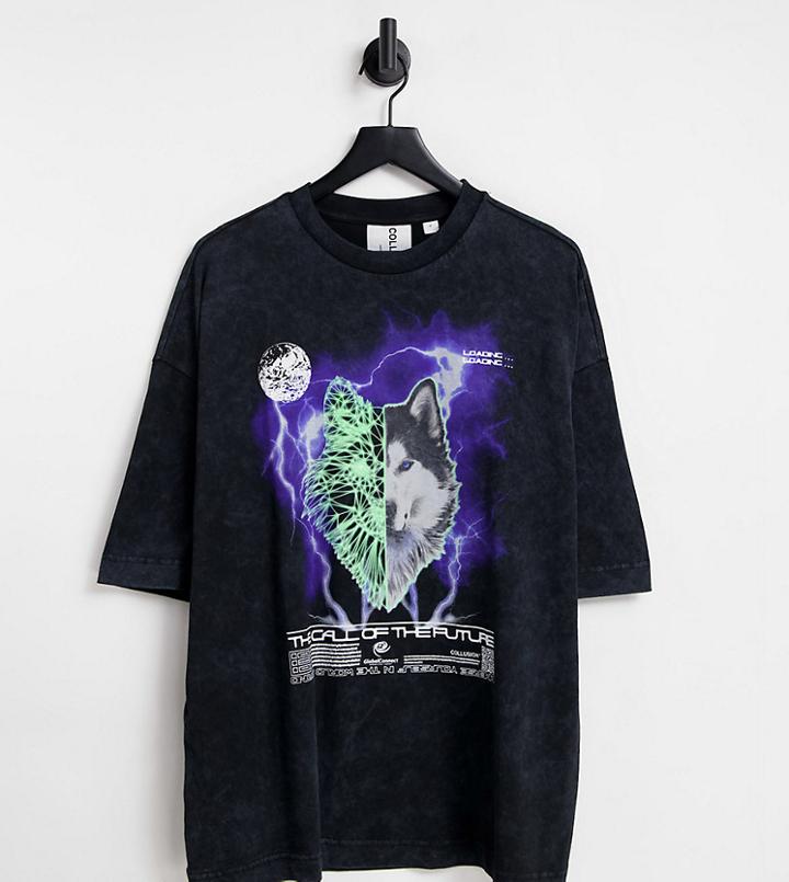 Collusion Oversized T-shirt With Wolf Print In Black Acid Wash