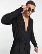 Asos Design Relaxed Deep V Neck Polo T-shirt In Black Texture