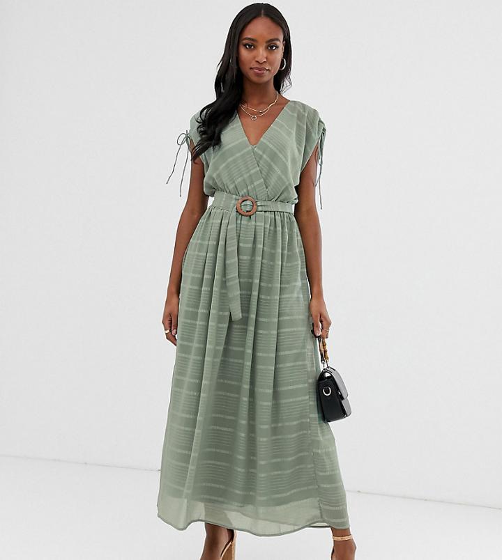 Asos Design Tall Wrap Front Maxi Dress With Buckle Belt In Self Stripe - Green