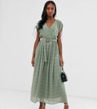 Asos Design Tall Wrap Front Maxi Dress With Buckle Belt In Self Stripe - Green