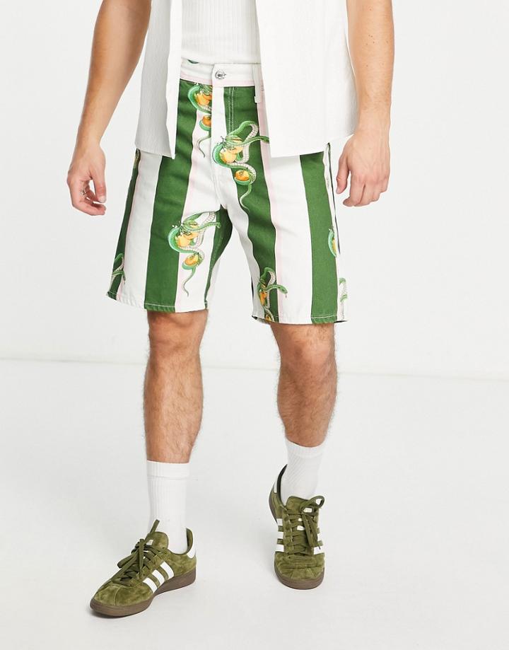 Jack & Jones Premium Denim Shorts In Green Stripe With Snake Print-multi