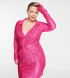 In The Style Plus X Liberty Plisse Knot Front Mini Long Sleeve Dress In Hot Pink