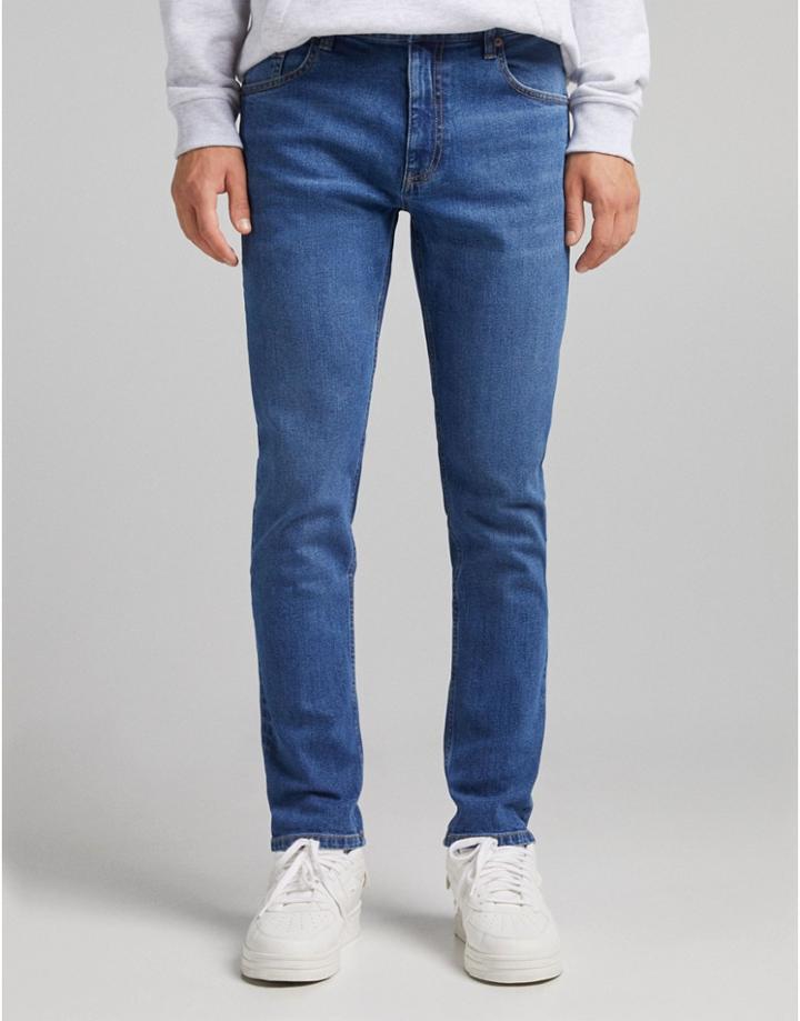 Bershka Slim Jeans In Mid Blue-blues