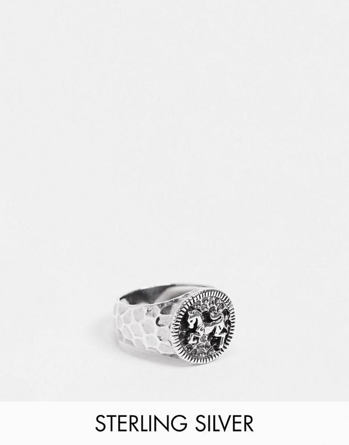 Asos Design Sterling Silver Signet Ring With Horse Design In Burnished Silver