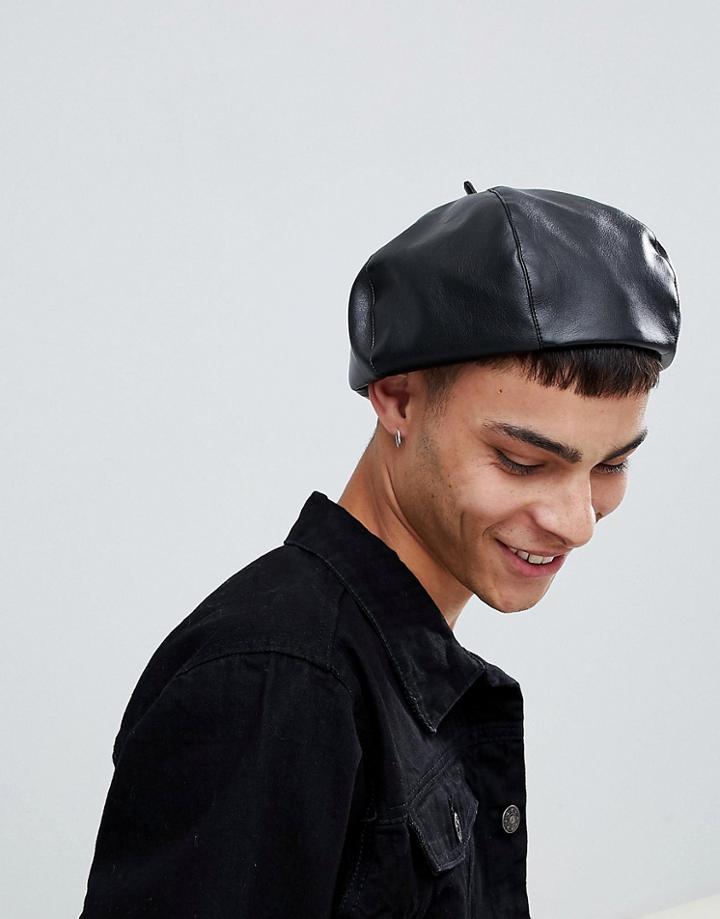 Asos Design Beret In Black Faux Leather - Black