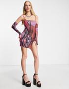 Wavey Body-conscious Mini Dress With Arm Sleeve Detail In Pink Snake Print-multi