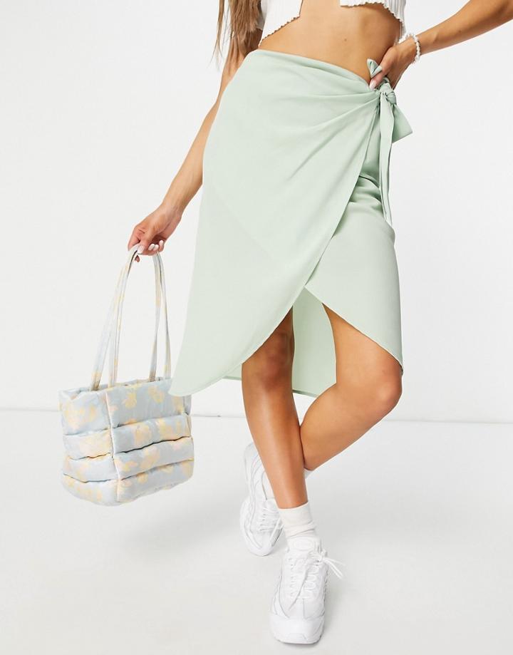 Pieces Marlene High Waisted Wrap Midi Skirt In Slit Green