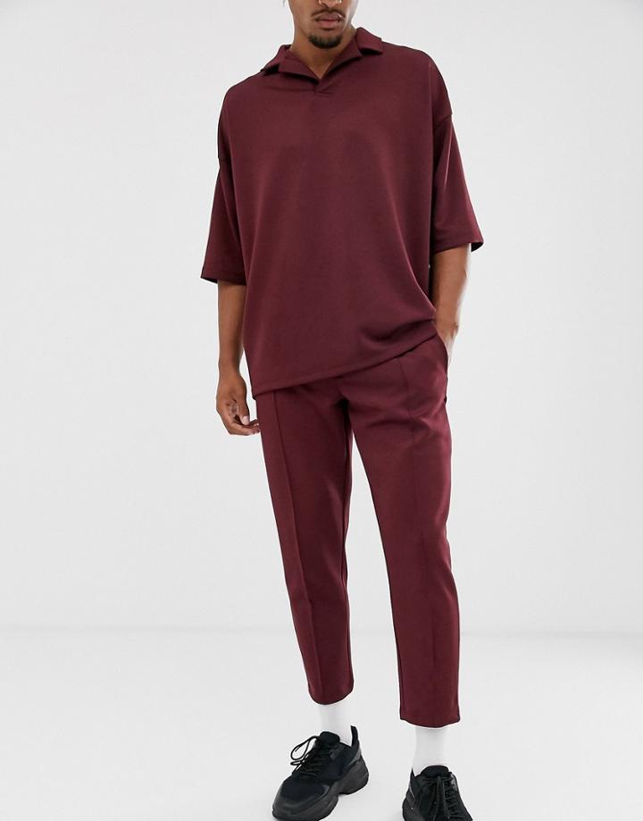 Asos Design Two-piece Tapered Sweatpants In Scuba Fabric With Pin Tucks & Fixed Hem In Burgundy