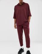 Asos Design Two-piece Tapered Sweatpants In Scuba Fabric With Pin Tucks & Fixed Hem In Burgundy