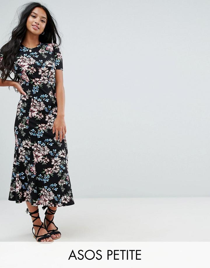 Asos Petite City Maxi Tea Dress In Black Base Floral - Navy