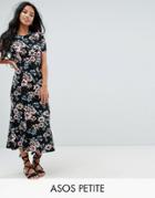 Asos Petite City Maxi Tea Dress In Black Base Floral - Navy