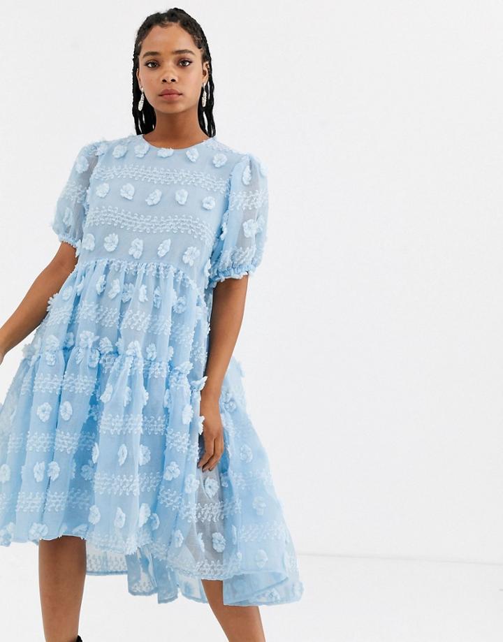 Sister Jane Midi Smock Dress With Full Tiered Skirt In Texture-blue