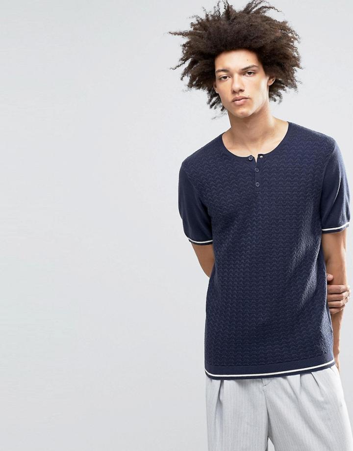 Asos Knitted T-shirt With Grandad Neck In Merino Wool Mix - Navy
