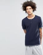 Asos Knitted T-shirt With Grandad Neck In Merino Wool Mix - Navy