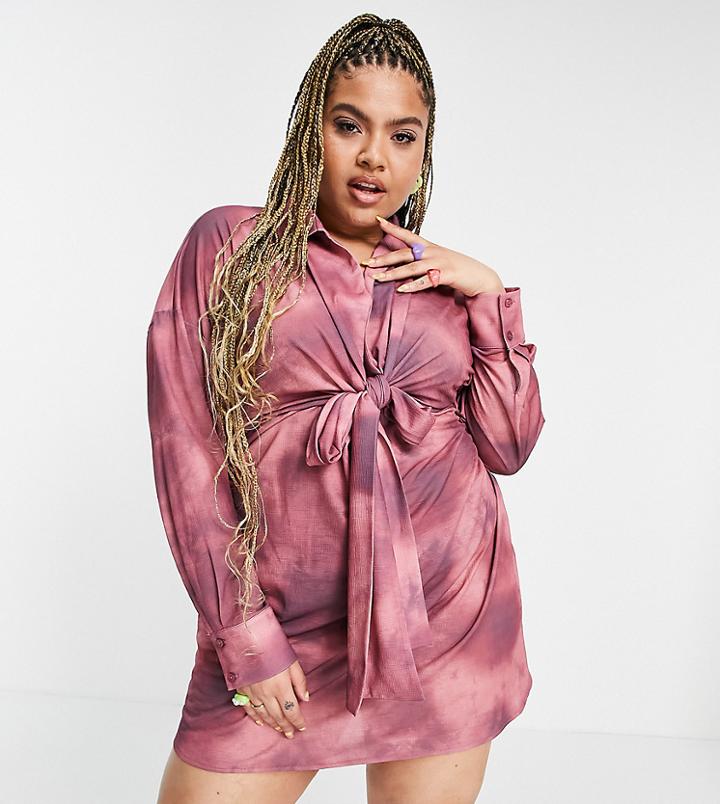 Asos Design Curve Mini Shirt Dress With Tie Front In Blurred Tie Dye Print-multi