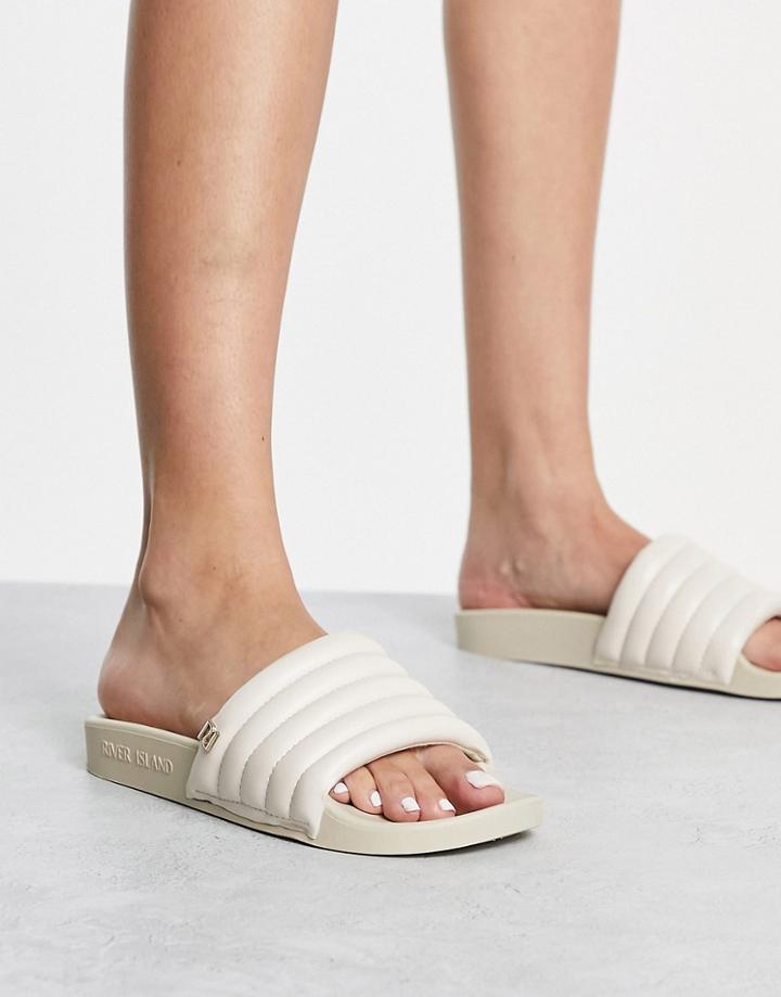 River Island Padded Ribbed Slides In Cream-white