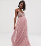 Maya Maternity Cami Strap Contrast Embellished Top Tulle Detail Maxi Dress - Pink