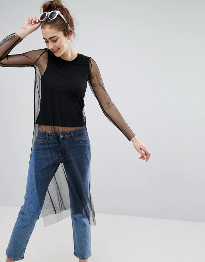 Monki Mesh Layered Longline Top - Black