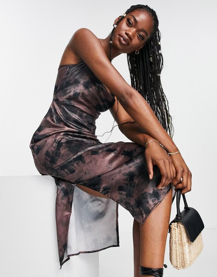 Brave Soul Cowl Neck Satin Midi Dress With Side Slits In Brown