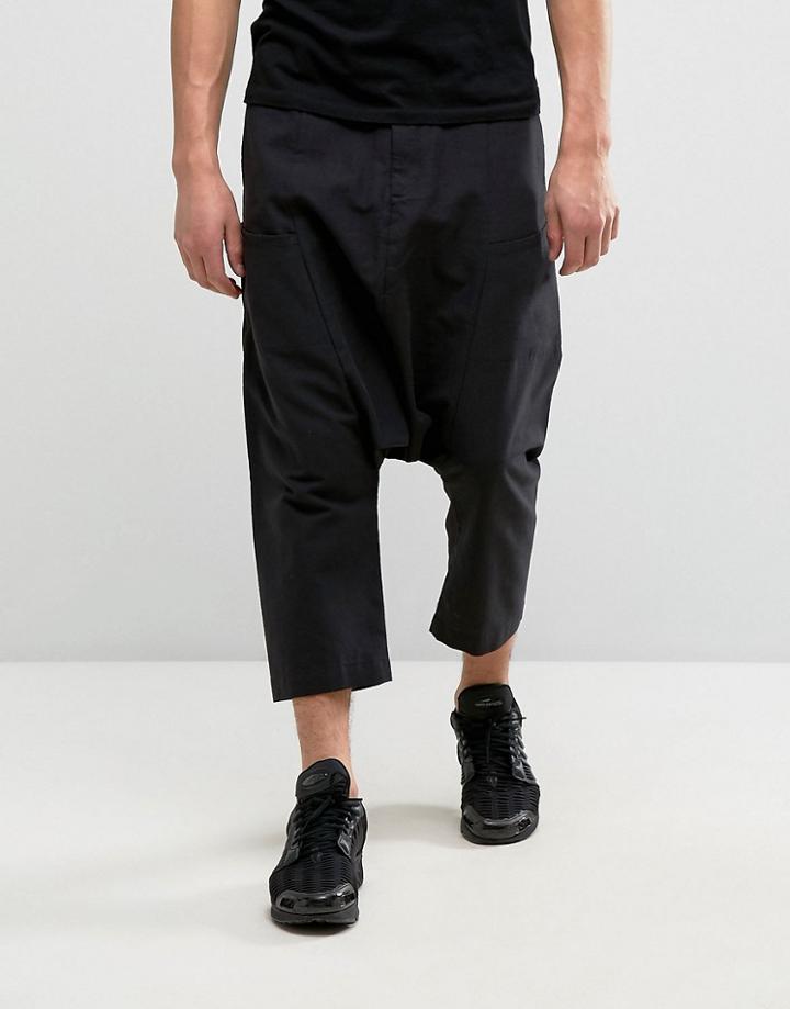 Asos Extreme Drop Crotch Pants With Side Pockets In Black Linen Mix - Black
