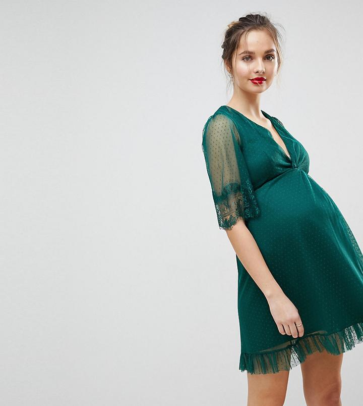 Asos Maternity Dobby Knot Front Lace Trim Mini Skater Dress - Green