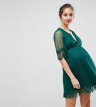 Asos Maternity Dobby Knot Front Lace Trim Mini Skater Dress - Green