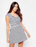 Wal G Skater Dress In Stripe With Pleated Neckline - White