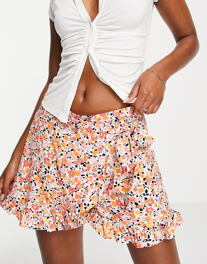 Jdy Tie Side Frill Detail Wrap Skort In Orange Floral-multi