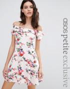 Asos Petite Skater Dress With Ruffle Off Shoulder In Floral Print - Multi