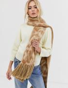 Pieces Abstract Print Chunky Tassel Scarf-brown