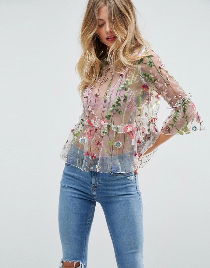 Asos Premium Embroidered Ruffle Smock Top - Multi