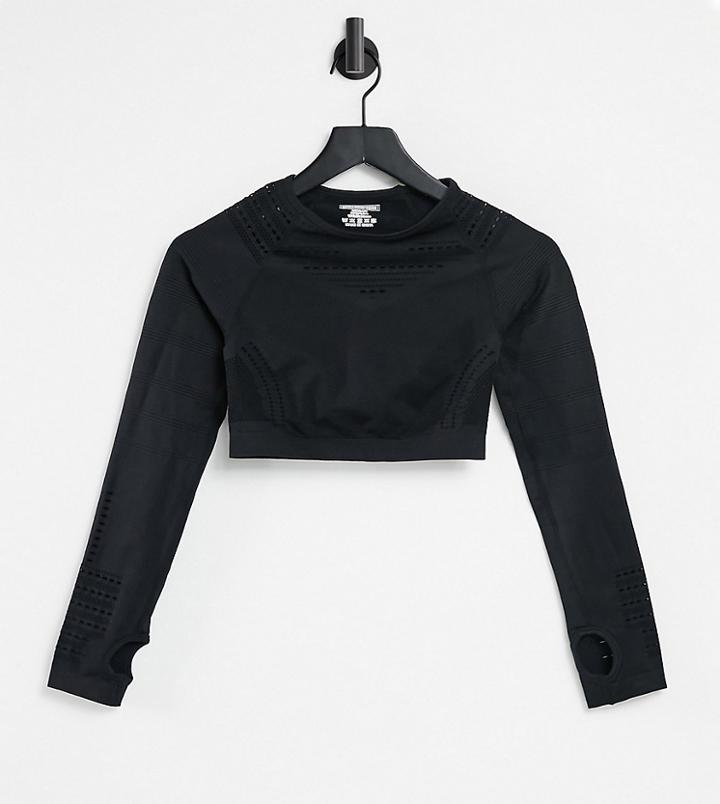 Love & Other Things Petite Gym Seamless Knitted Perforated Long Sleeve Crop Top In Black