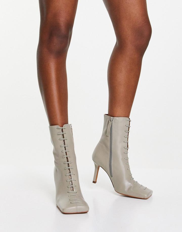 Asos Design Radiant Premium Leather Square Toe Heeled Boots In Sage Green