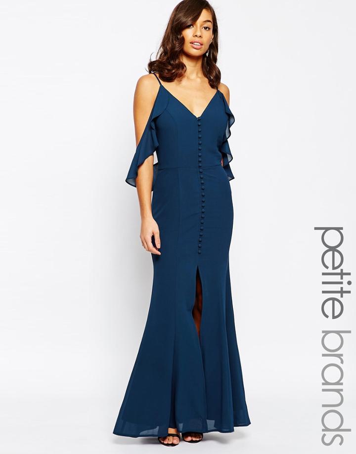 Jarlo Petite Button Through Maxi Dress With Frill Shoulder Detail - Navy