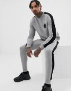 Asos Design Tracksuit Sweatshirt / Skinny Sweatpants With Chest Print And Side Stripe In Gray Marl - Gray