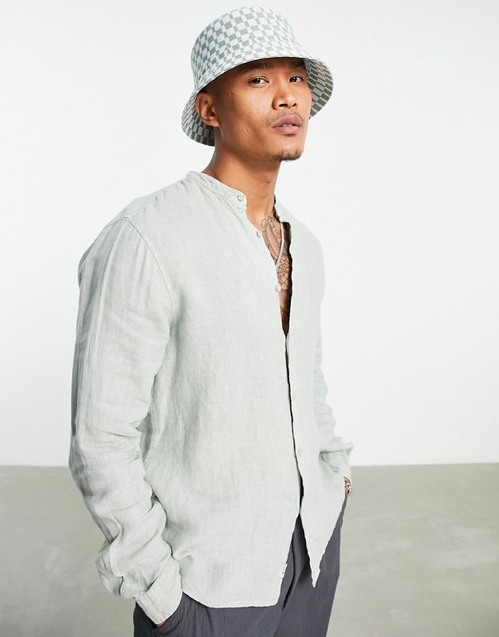 Pull & Bear Long Sleeve Linen Band Collar Shirt In Green