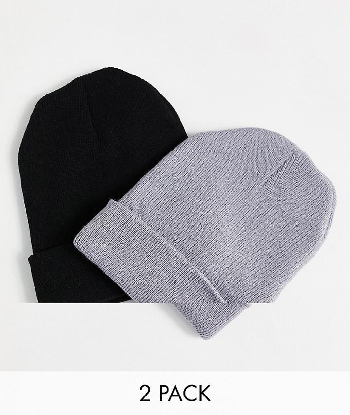 New Look 2 Pack Fisherman Beanies In Black And Gray-multi