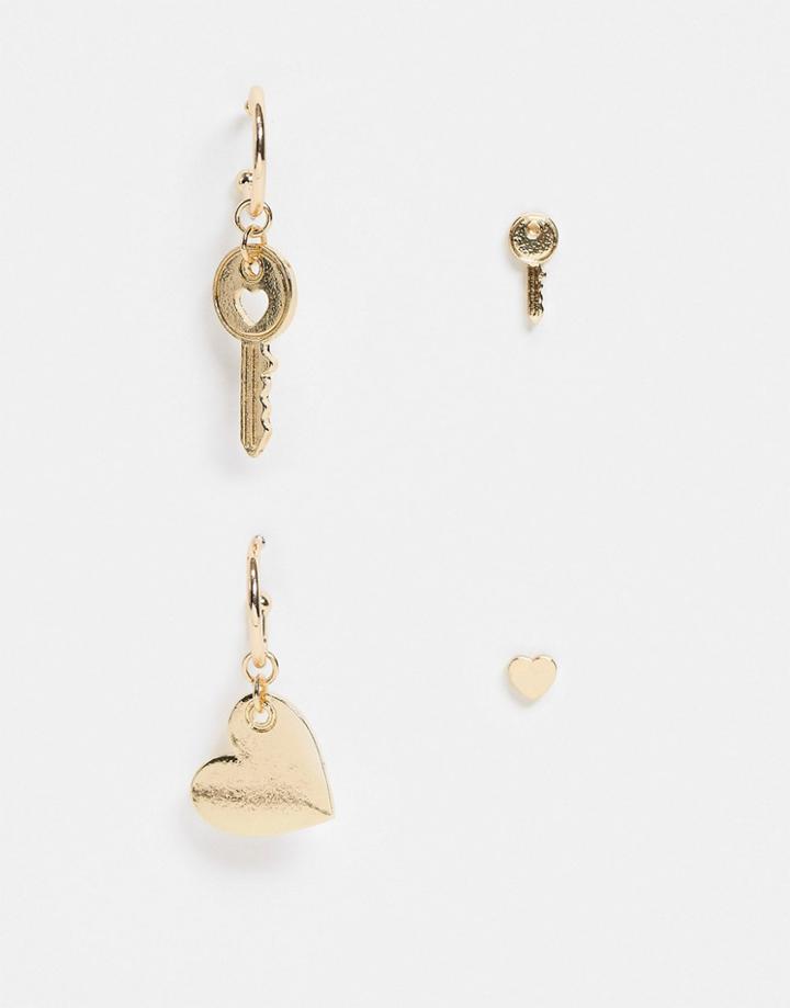 Pieces 2-pack Key And Heart Earrings In Gold