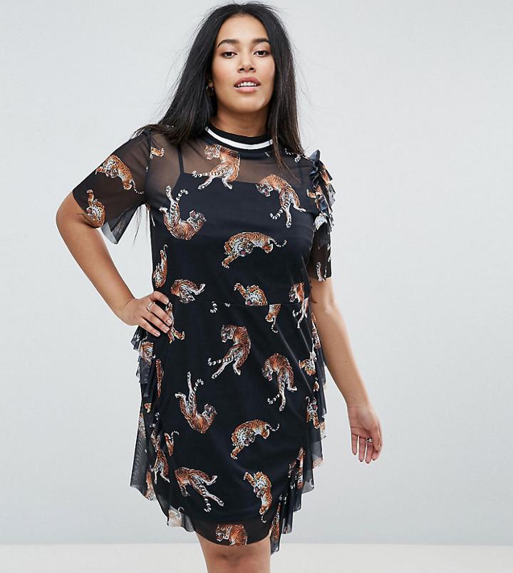 Asos Curve Printed Mesh Tea Dress With Frill And Rib - Multi
