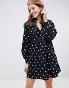 Asos Design Tiered Mini Cotton Smock Dress With Long Sleeves In Spot-multi