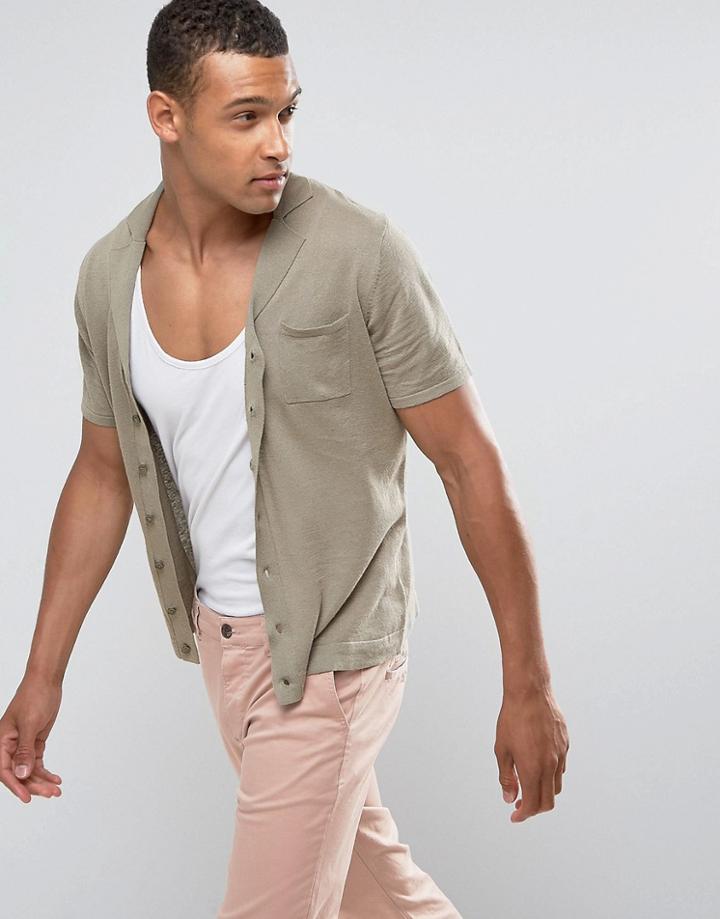 Mango Man Knitted Polo With Revere Collar In Khaki - Green