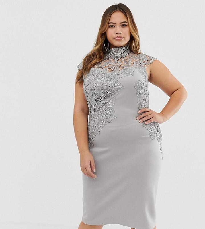 Club L Plus High Neck Crochet Detail Bodycon Dress-gray
