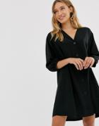 Monki V-neck Button Through Mini Smock Dress In Black
