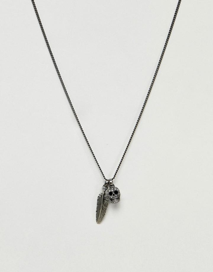 Simon Carter Feather & Skull Necklace In Antique Silver With Crystals From Swarovski - Silver